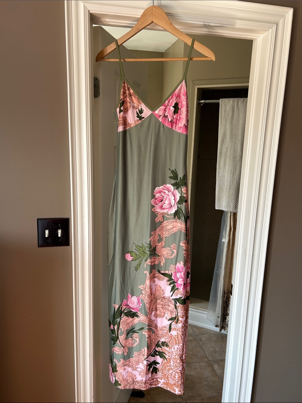 Olive Green Maxi Slip Dress with Pink Floral Print